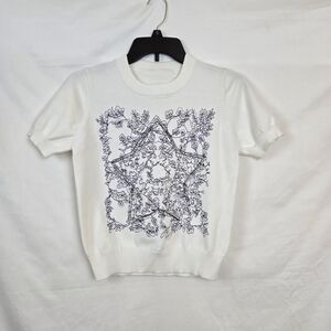 Women's White Black Purple Star Floral‎ Embroidered Soft Short Sleeve Top Small